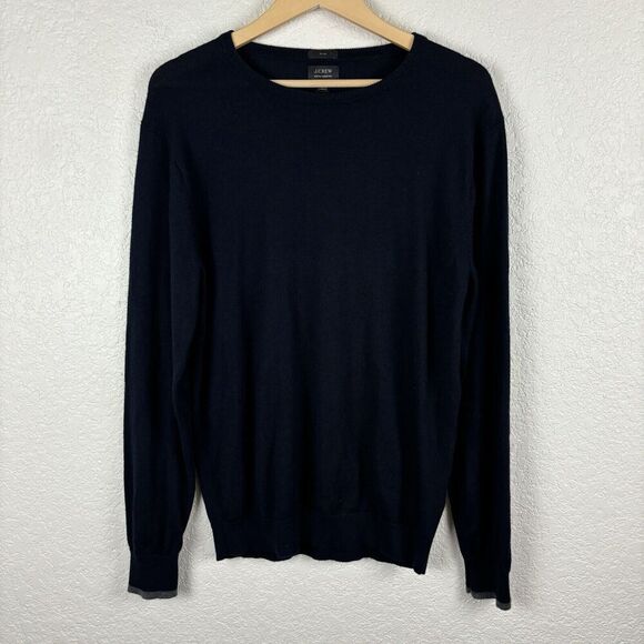 J.Crew‎ Mens 100% Merino Wool Pullover Sweater Navy Blue Medium Slim Preppy - Picture 1 of 8